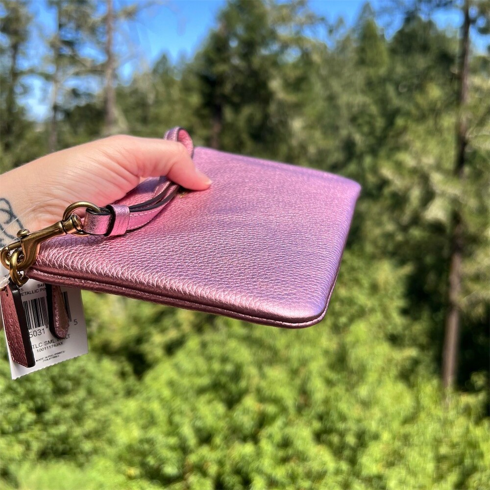 COACH Small Corner Zip Wristlet Wallet Pink Metallic Pebble Leather C7215 NWT - Picture 5 of 11